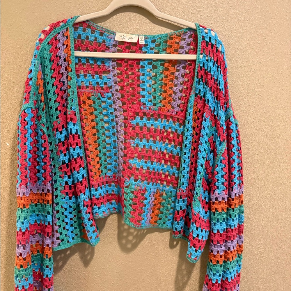 Buckle Multicolor Crochet Open-Front Cardigan